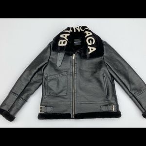 BALENCIAGA Black leather plush logo shearling bomber coat jacket bombardier